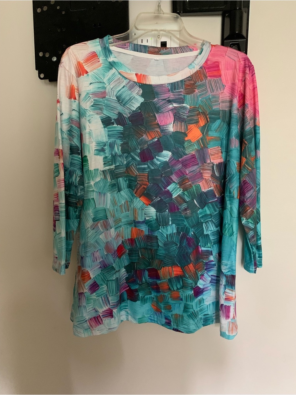 Woman’s Brushstroke Print Long-Sleeve Blouse in Teal, Pink & Coral. Size L